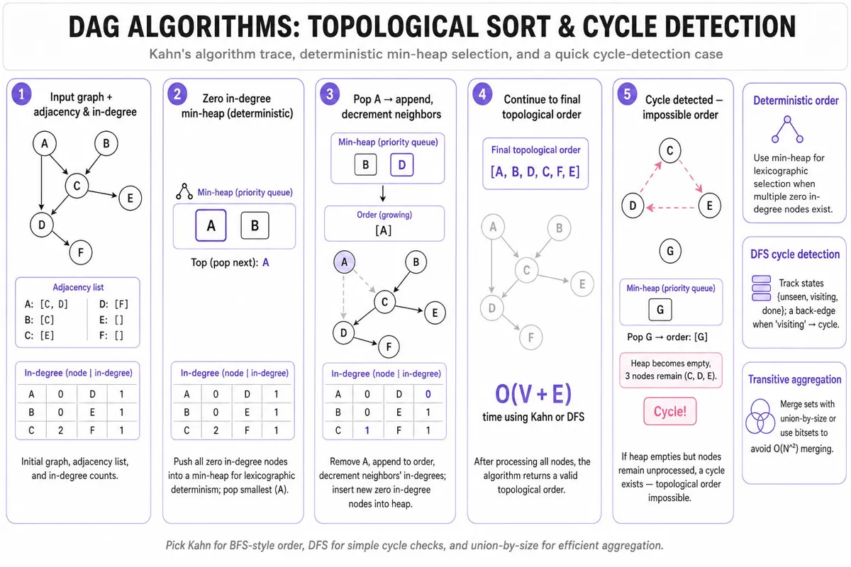 Horizontal 5-frame infographic tracing Kahn's topological sort on a small DAG, showing in-degree table, min-heap selection for deterministic order, final order, plus a cycle-detection example; small legend with tips.