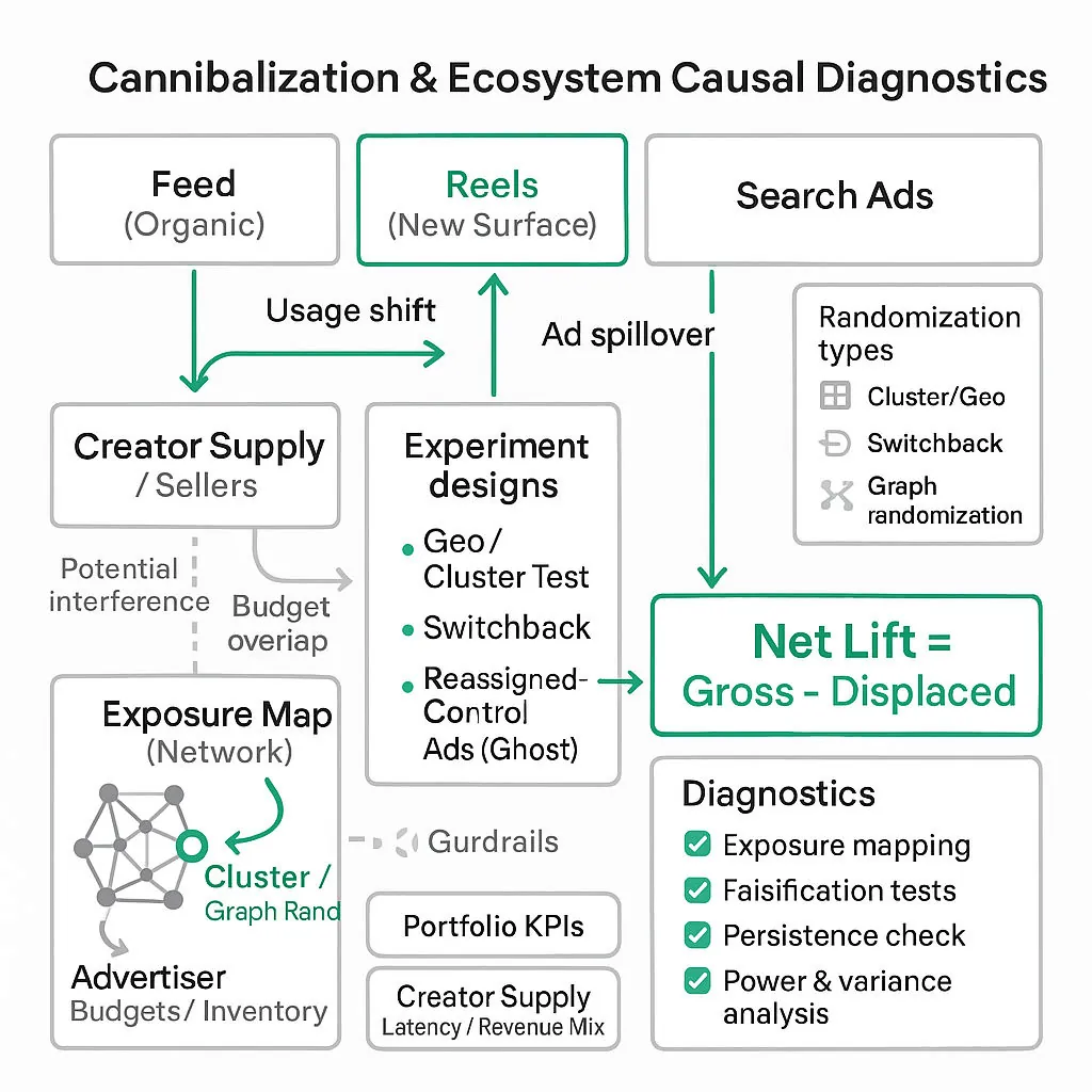 Diagram showing platform surfaces (Feed, Reels, Search Ads), experiment designs (geo/cluster/switchback, reassigned-control), exposure map, and Net Lift = Gross - Displaced calculation with guardrails and checks.