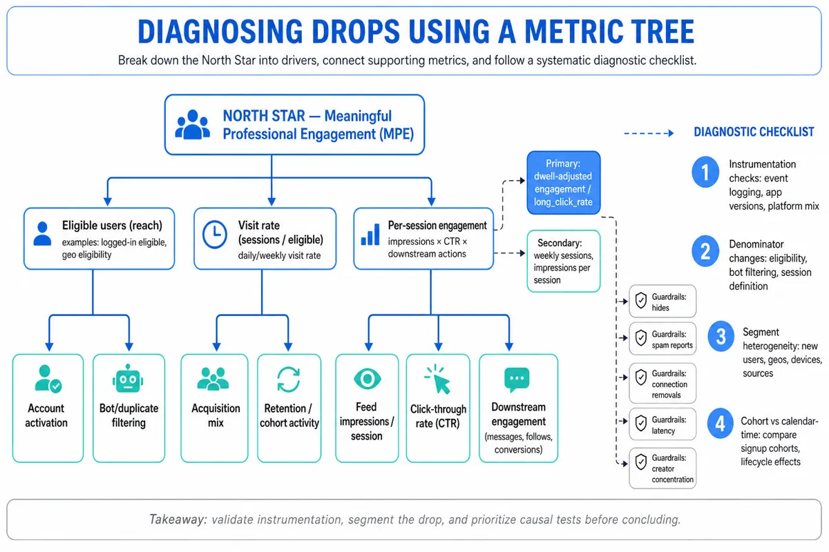 Editorial infographic: metric tree with North Star 'Meaningful Professional Engagement' at top, 2–3 levels of drivers, primary metrics and guardrails attached, plus a right-side diagnostic checklist.