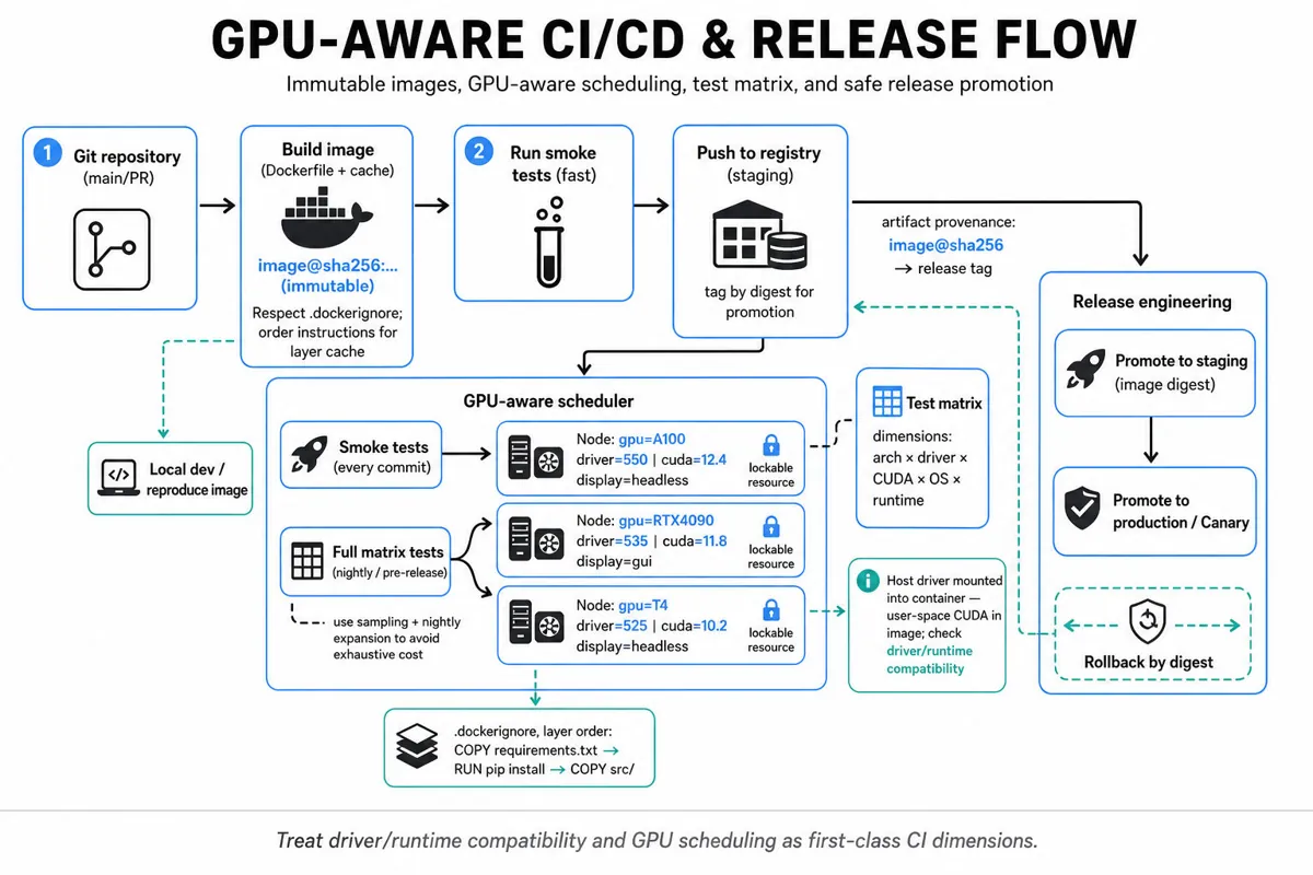 Editorial architecture infographic showing a GPU-aware CI/CD pipeline: source repo → image build → registry → GPU-aware scheduler → labeled GPU worker pool running smoke and matrix tests → artifact promotion and rollback.