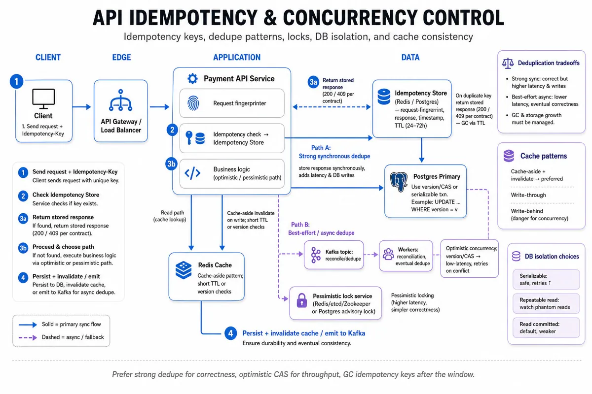 Left-to-right architecture infographic: client → API gateway → service layer that checks an idempotency store, Redis cache, Postgres primary, and Kafka+worker paths; shows optimistic (CAS) vs pessimistic (distributed lock) flows and cache invalidation notes.