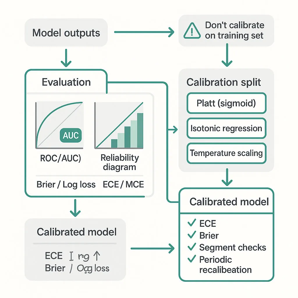 Square diagram showing model outputs evaluated by ROC and reliability diagram, then split for calibration (Platt, isotonic, temperature scaling) leading to calibrated model and deployment monitoring (ECE, Brier, segment checks).