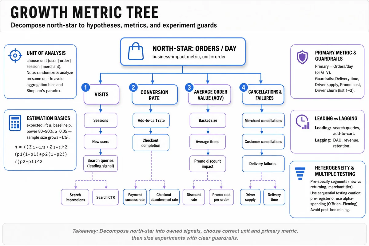 Editorial infographic showing a hierarchical metric tree for 'Orders/day' with branches (Visits → Conversion → AOV → Cancellations) plus adjacent small callout cards for unit of analysis, leading vs lagging metrics, primary vs guardrails, estimation basics, heterogeneity & multiple testing.