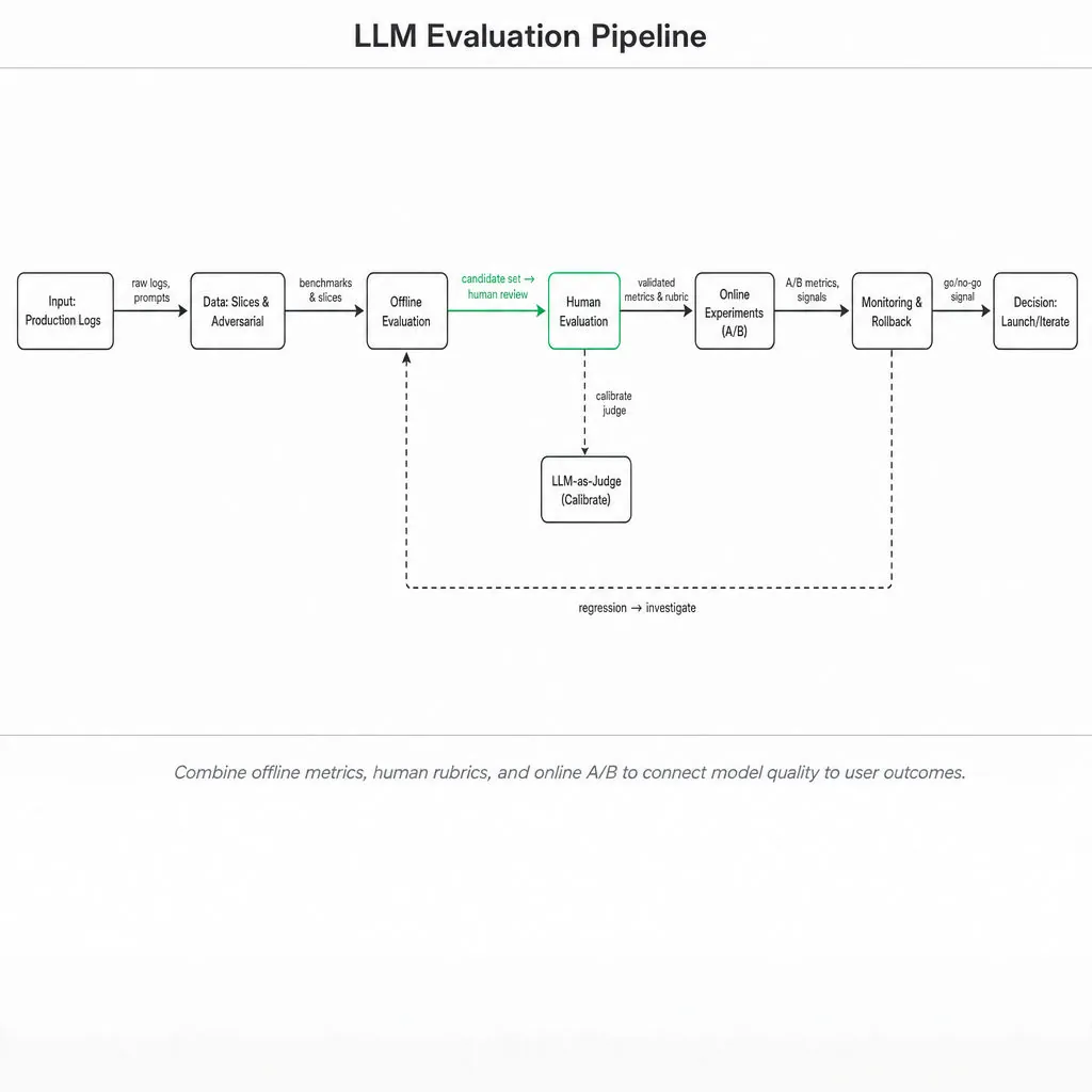 Horizontal pipeline diagram showing Input → Offline Evaluation → Human Evaluation (highlighted) → LLM-as-Judge (calibrate) → Online Experiments → Monitoring & Rollback → Decision: Launch/Iterate.