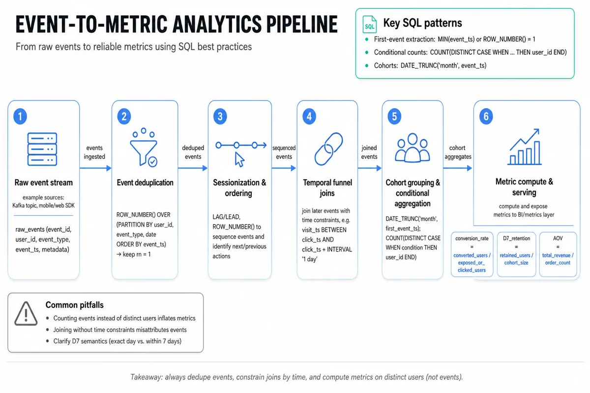 Horizontal pipeline infographic showing stages from raw event stream → deduplication → sessionization & ordering → temporal funnel joins → cohort aggregation → metric computation, with formulas and pitfalls footer.