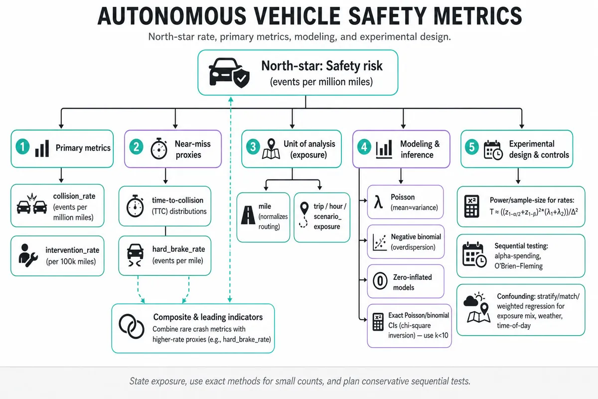 Top-down metric tree infographic: north-star safety rate at top, branching to collision_rate, intervention_rate, near-miss proxies, modeling & inference, experimental design & confounding, with sub-metrics and icons.