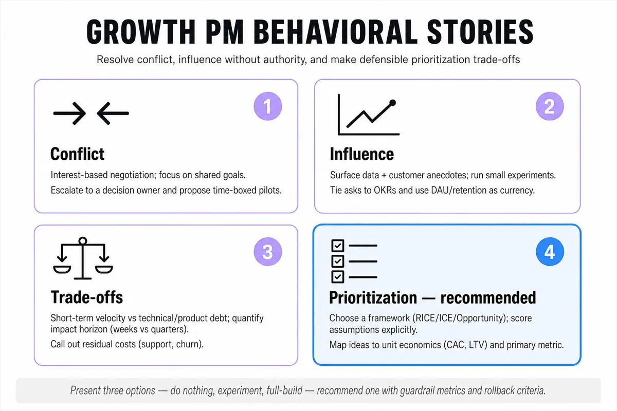 Clean 2×2 matrix infographic titled 'Growth PM Behavioral Stories' with quadrants: Conflict, Influence, Trade-offs, Prioritization (highlighted); one-line guidance in each; footer takeaway.