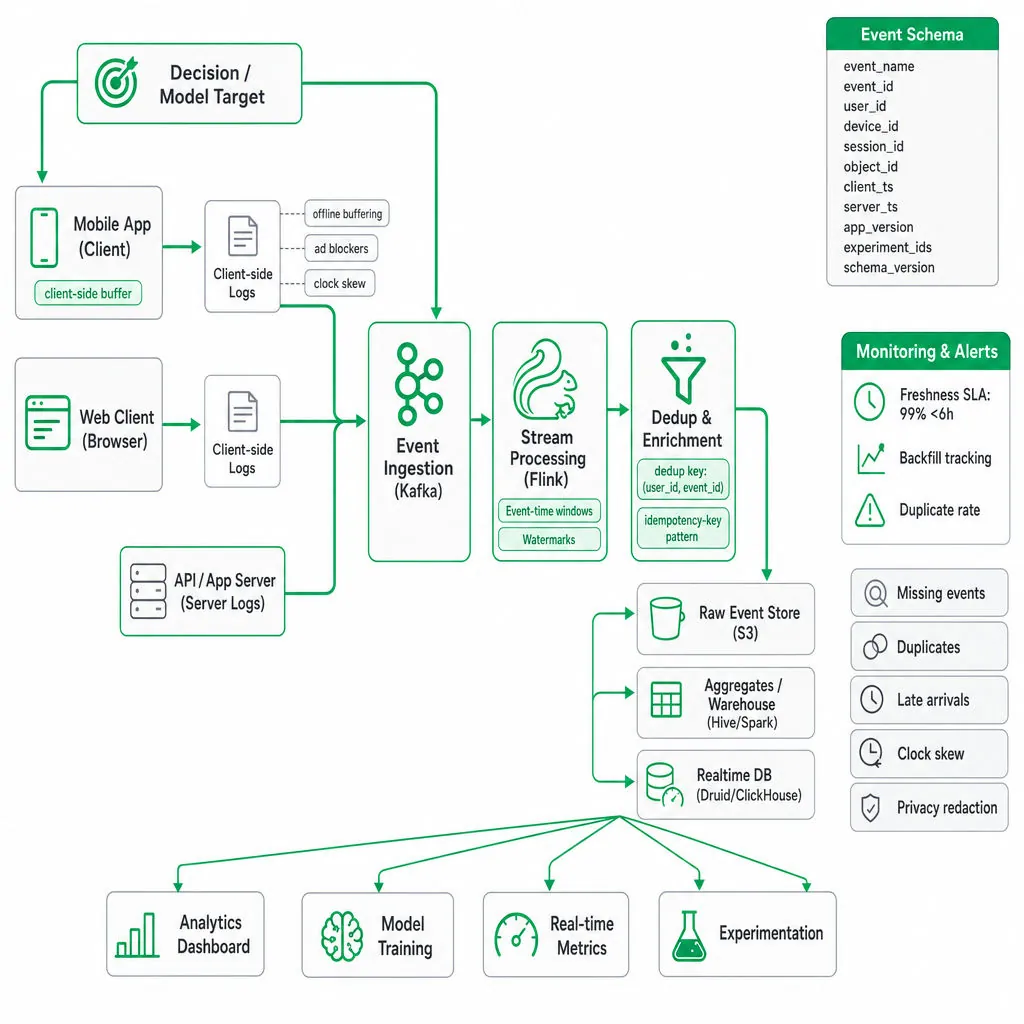 Clean diagram of client and server logging into an ingestion pipeline, stream processing (watermarks, dedup), storage and consumers, with schema box, failure modes, and monitoring callouts.