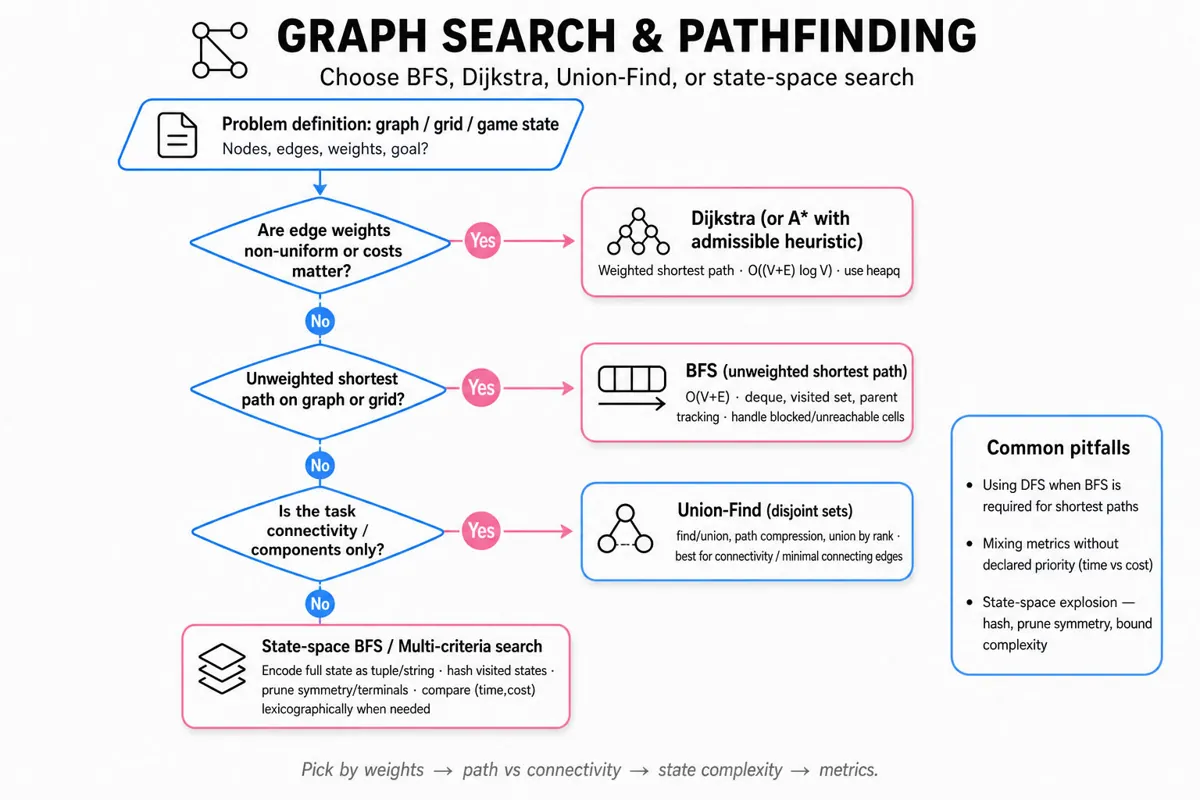 Top-to-bottom flowchart for selecting BFS, Dijkstra, Union-Find, or state-space search, with a short pitfalls note and one-line takeaway footer.