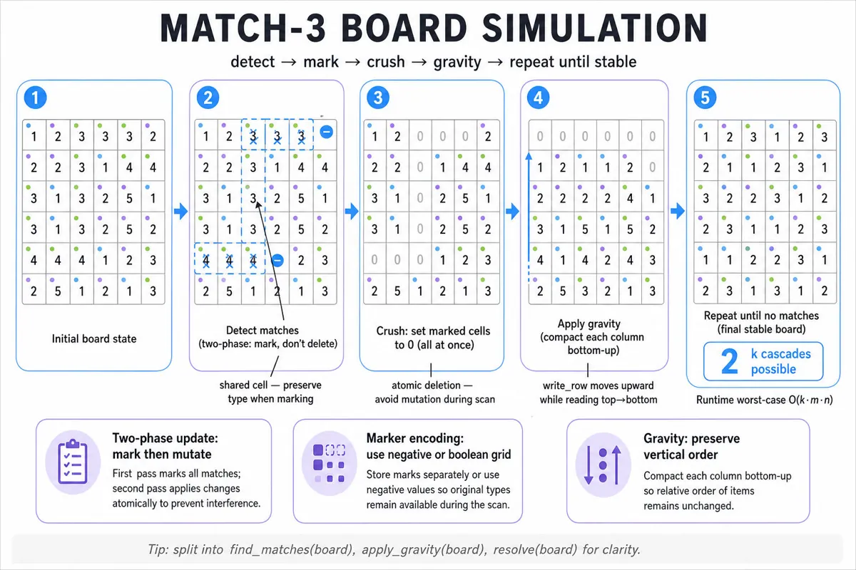 Five-step horizontal infographic: 6x6 match-3 board evolving from initial state → detection with marked matches → crushed zeros → gravity applied → final stable board; each frame has a one-line caption.