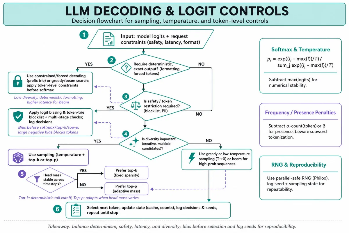 Top-to-bottom decision flowchart guiding choice of decoding (greedy/beam vs sampling), when to use top-k vs top-p, and where to apply logit biases, penalties, constraints, and RNG seeding.