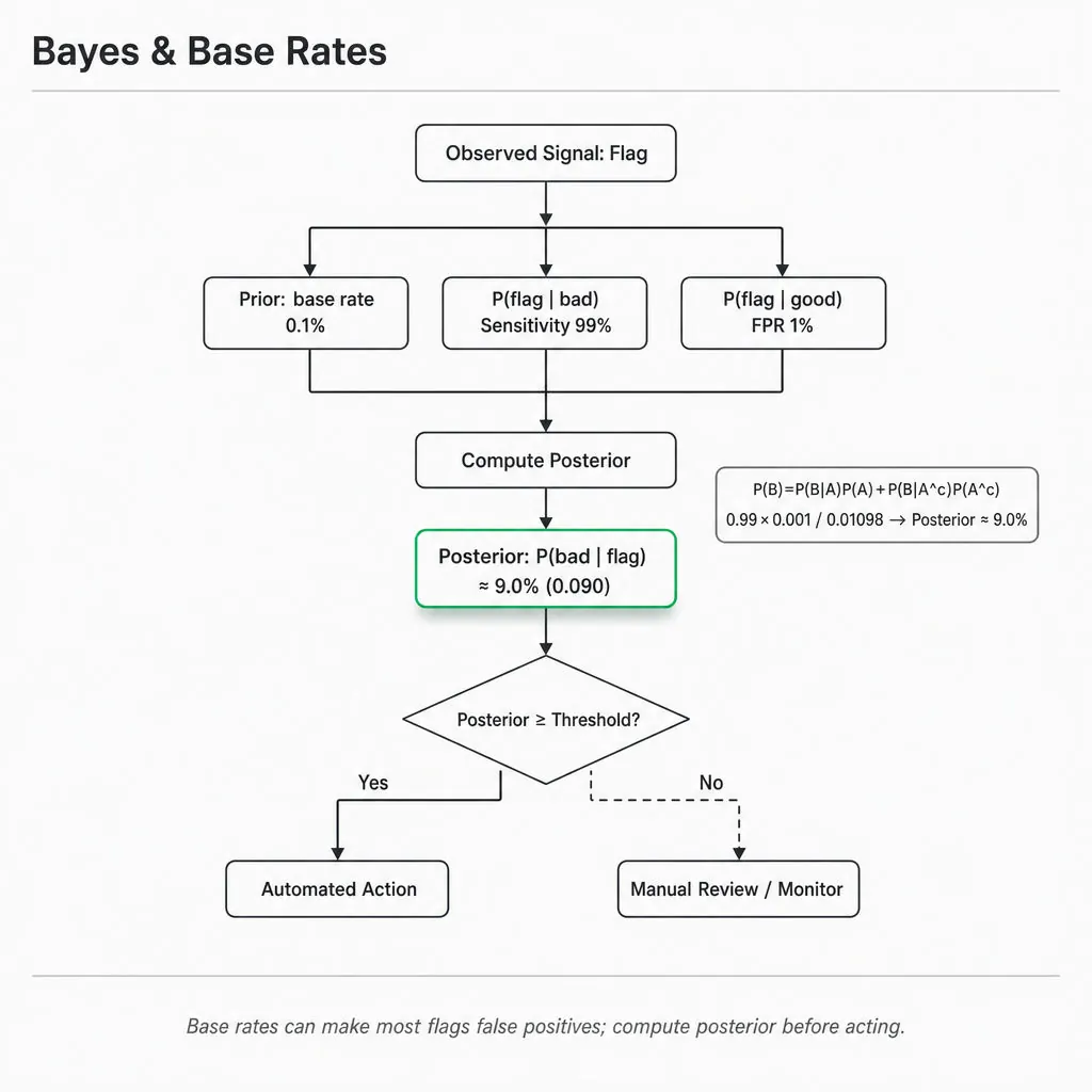 Top-to-bottom flowchart showing Bayes update from an observed flag through likelihoods and base rate to compute P(bad|flag) with a rare-event numeric example; posterior node highlighted.