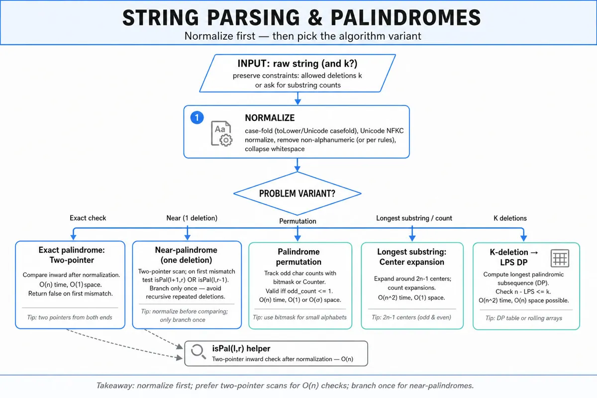 Top-to-bottom decision flowchart: normalize input string, then branches to Exact palindrome (two-pointer), Near-palindrome (one-deletion branch), Palindrome permutation (odd counts), Longest palindromic substring (center expansion), K-deletion via LPS DP.