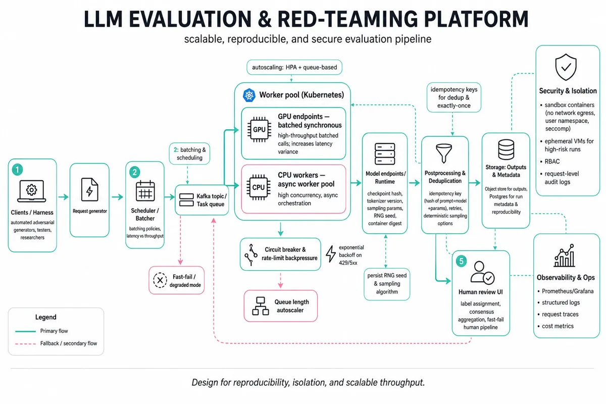 Architecture infographic of an LLM evaluation and red-teaming platform showing left-to-right flow: client/request generator → scheduler/batcher → Kafka topic → Kubernetes worker pools (GPU batched sync, CPU async) → postprocessing → storage and human review; security, observability, idempotency, and