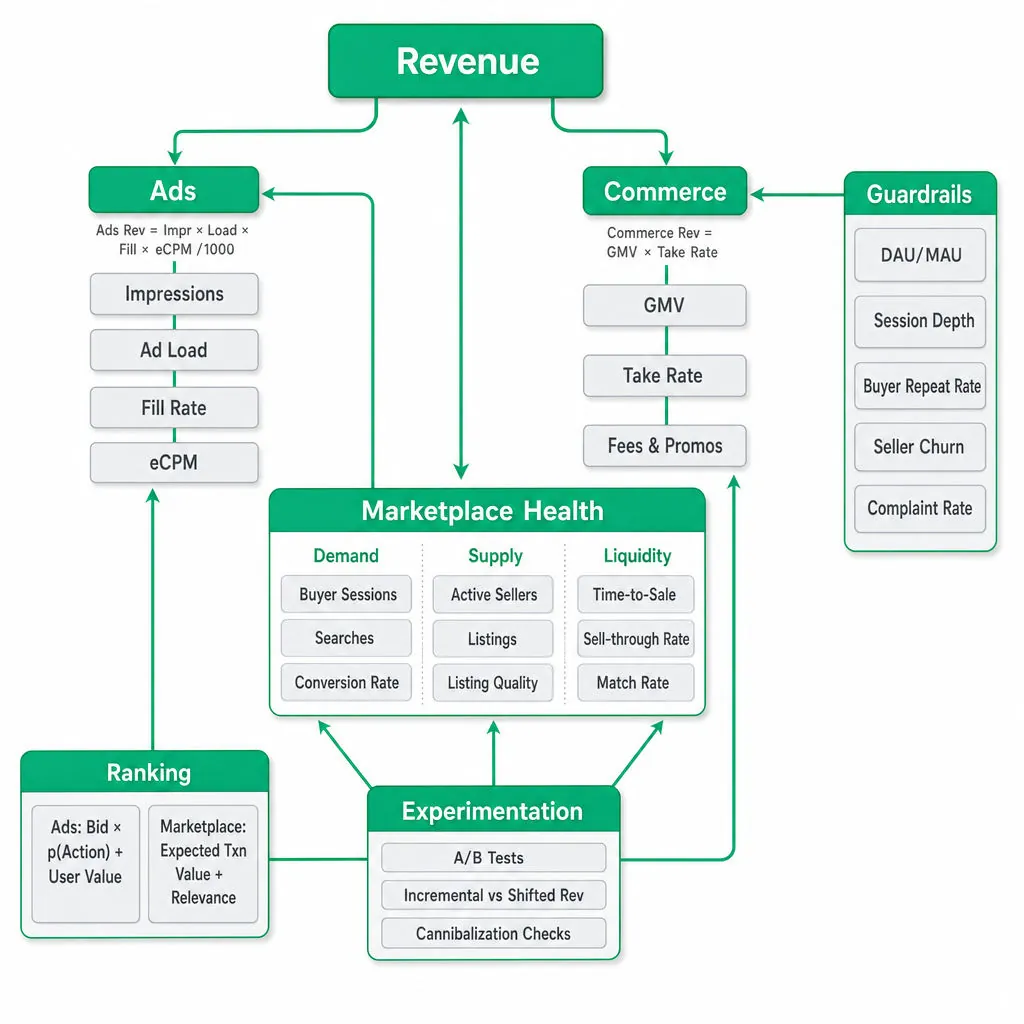 Metric tree diagram: revenue decomposed into ads and commerce, marketplace health (demand/supply/liquidity), guardrails, ranking logic, and experimentation feedback loops.