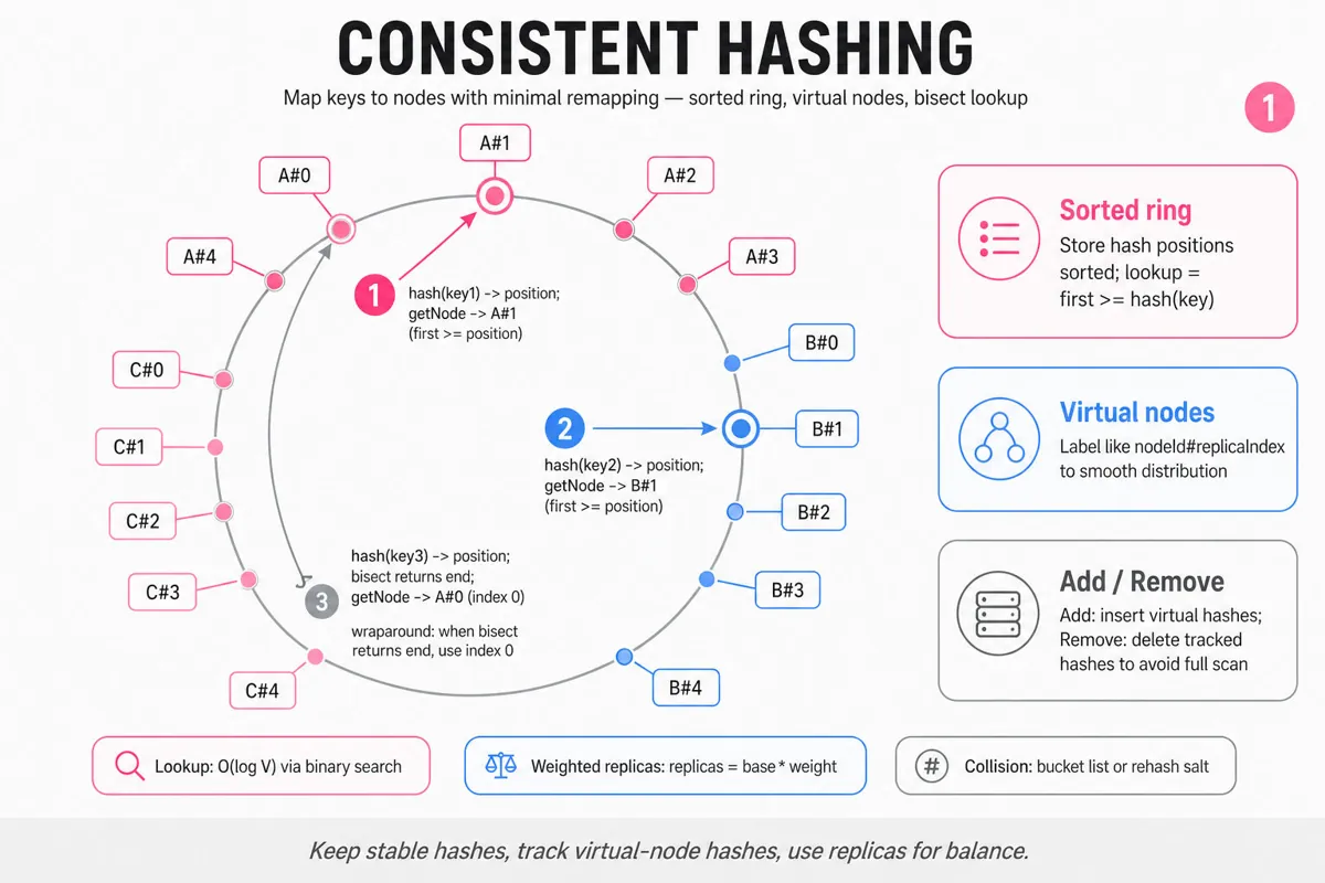 Clean infographic of a consistent-hashing ring: circular hash ring with virtual-node points, hashed keys mapping clockwise to nodes, annotations for bisect lookup, virtual nodes, add/remove behavior and complexity notes.