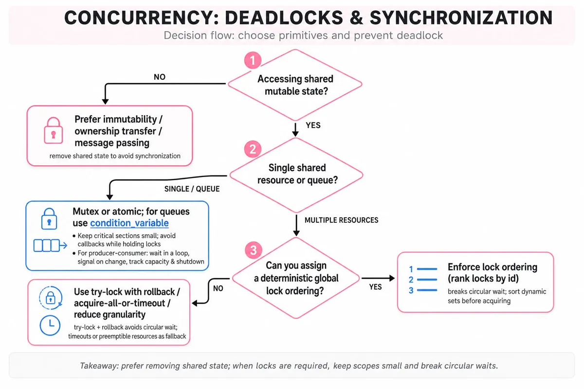 Top-to-bottom decision flowchart for choosing synchronization and deadlock prevention: checks for shared mutable state, single vs multiple resources, lock ordering, try-lock/timeouts, and guidance on mutexes and condition variables.