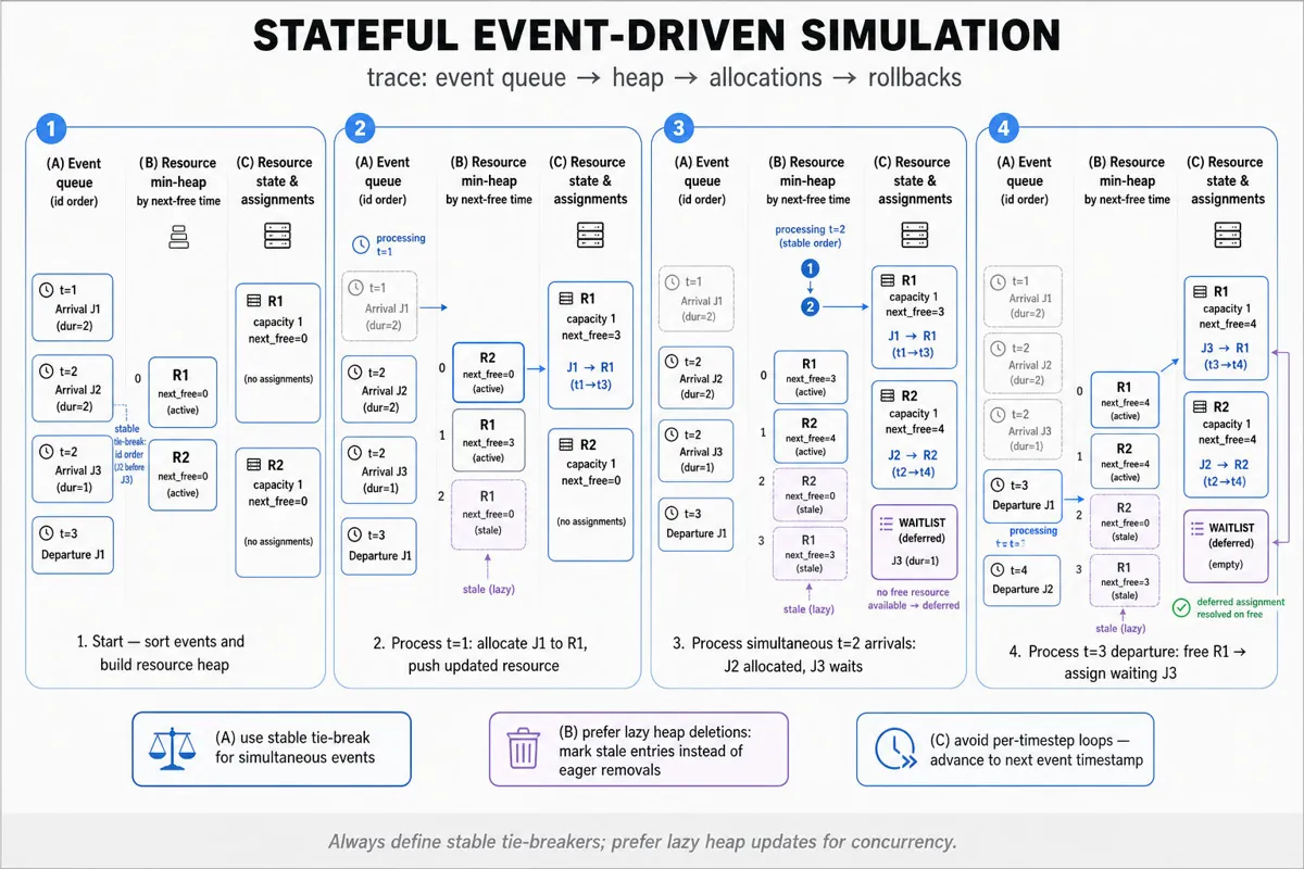 4-step horizontal infographic tracing an event-driven simulator: sorted event queue, resource min-heap, resource cards and allocations, showing tie-breaks, waitlist, and a departure-triggered allocation.
