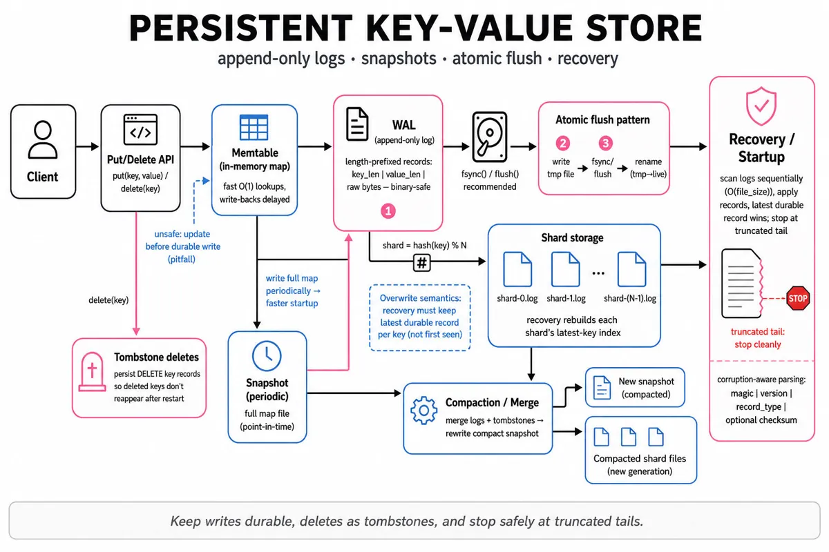 Editorial architecture diagram of a persistent key-value store showing client API, memtable, append-only WAL, snapshot files, shard files, atomic flush, recovery scan, tombstone deletes and corruption-aware parsing.
