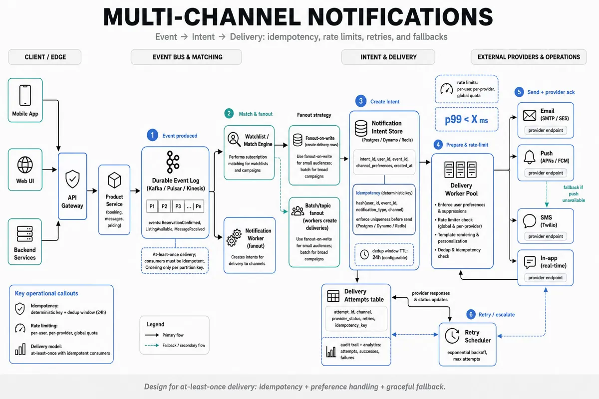 Landscape architecture infographic showing event-driven notification pipeline: product services -> event bus -> watchlist/match -> intent store -> delivery workers -> channel senders (email, push, SMS, in‑app) with idempotency, rate limiting, retries and fallback arrows.