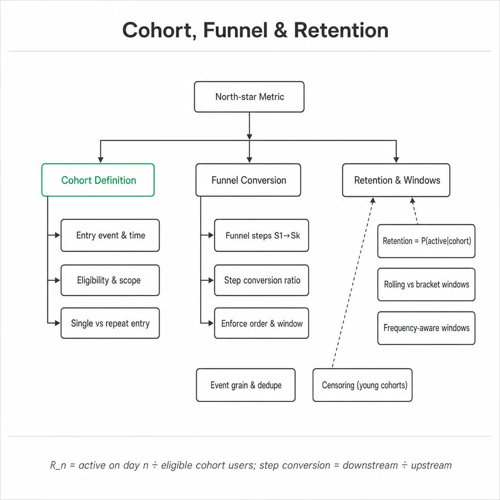 Hierarchical metric tree: North-star metric at top with branches for Cohort Definition (highlighted), Funnel Conversion, Retention & Windows, plus Event Grain and Censoring notes.