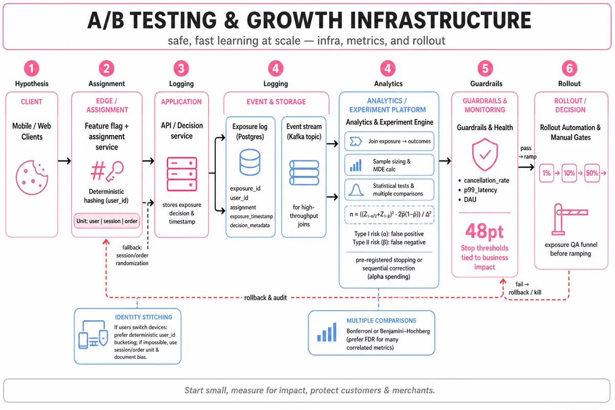 Landscape architecture infographic showing A/B experiment pipeline: clients → feature-flag assignment → exposure logging (Postgres/Kafka) → analytics & MDE calculation → monitoring, guardrails, and sequential ramping with rollback paths.