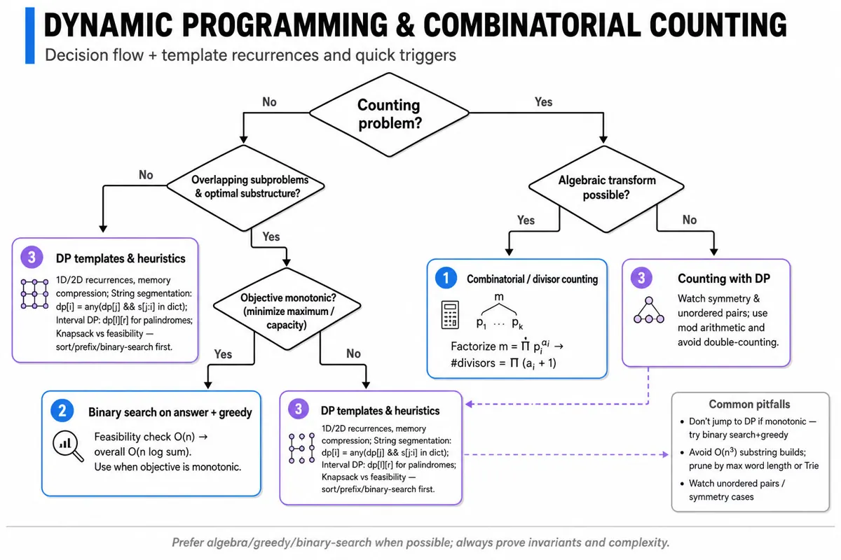 Top-to-bottom decision flowchart guiding when to use combinatorial counting, DP, binary-search+greedy, or greedy/math, with compact DP templates and a one-line takeaway.