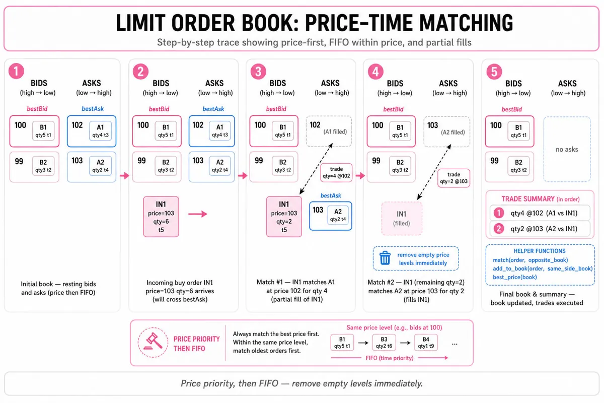 Five-frame horizontal trace of a limit order book matching an incoming buy: snapshots of bids and asks (price levels with FIFO queues), trade arrows, partial fills and final updated book.