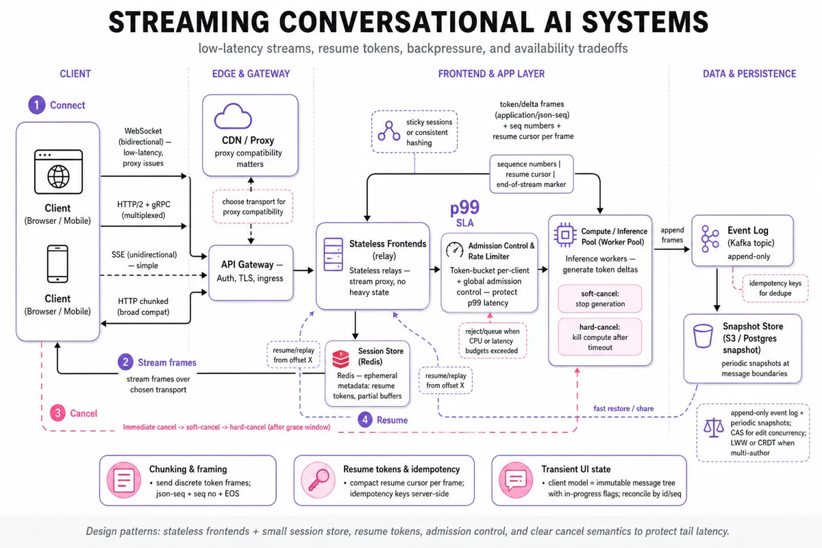 Landscape architecture diagram of a streaming conversational AI: client transports to edge/gateway, stateless frontends, session store (Redis), admission control, compute workers, event log (Kafka) and snapshot store, showing resume token, chunk framing, cancellation and backpressure flows.