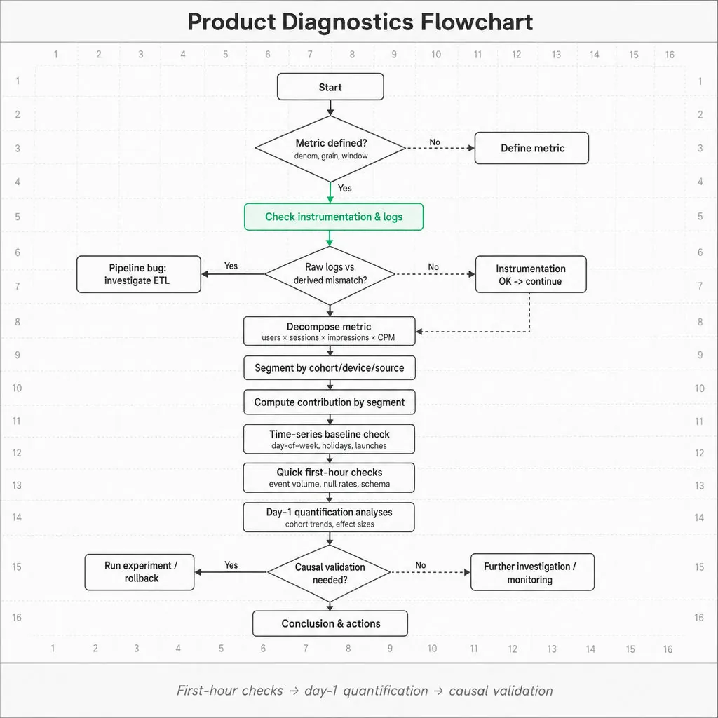 Top-to-bottom diamond decision flowchart for product metric diagnostics: start, metric definition, check instrumentation (highlighted in emerald), decompose metric, segment contributions, baselines, quick/day-1/causal steps.