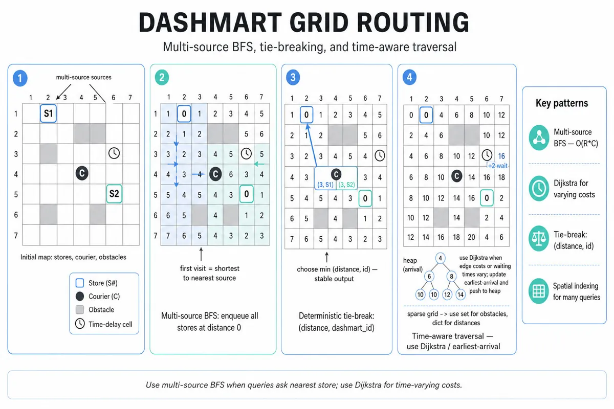 Four-frame horizontal infographic tracing DashMart grid routing: initial grid with stores and courier, multi-source BFS expansion, deterministic tie-break by (distance, id), and time-aware Dijkstra arrival times.