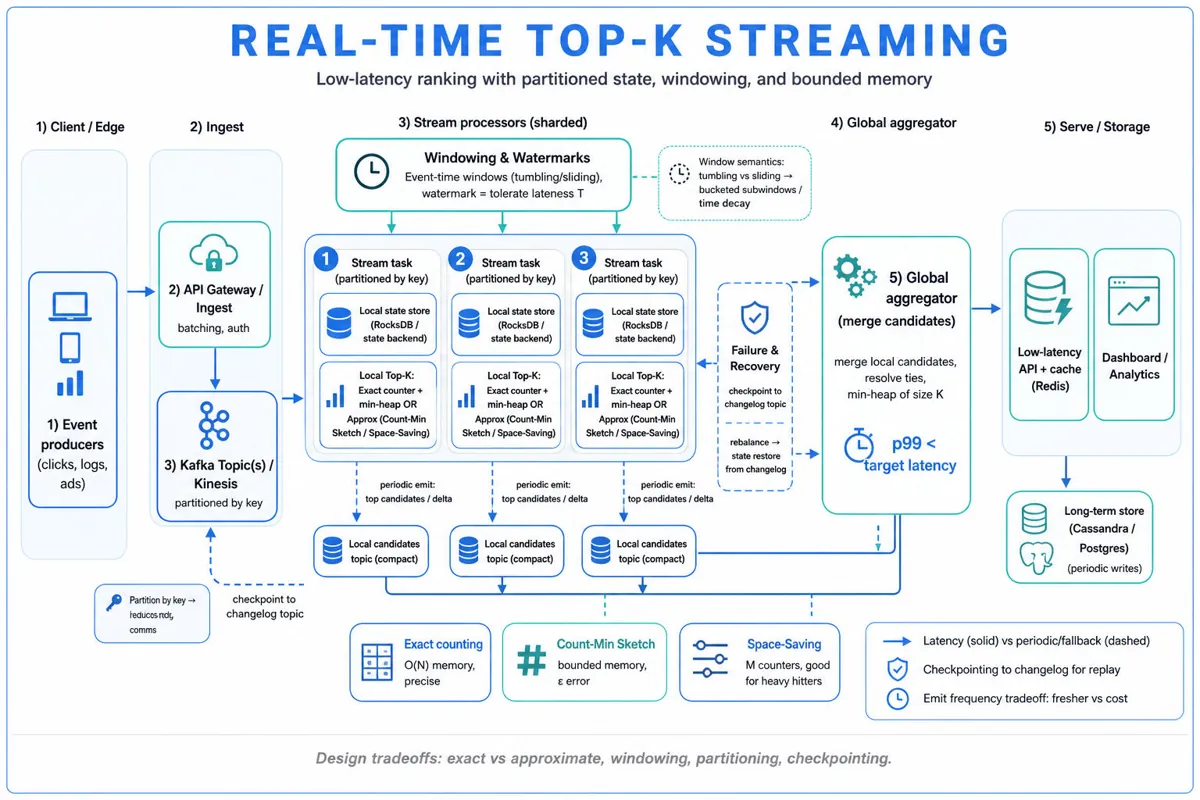 Landscape architecture infographic of a real-time Top-K streaming pipeline: event producers → ingest (Kafka) → partitioned stream processors with local state (RocksDB) running exact or approximate Top-K (Count‑Min, Space‑Saving) → local candidates topic → global aggregator → serving (Redis cache + A