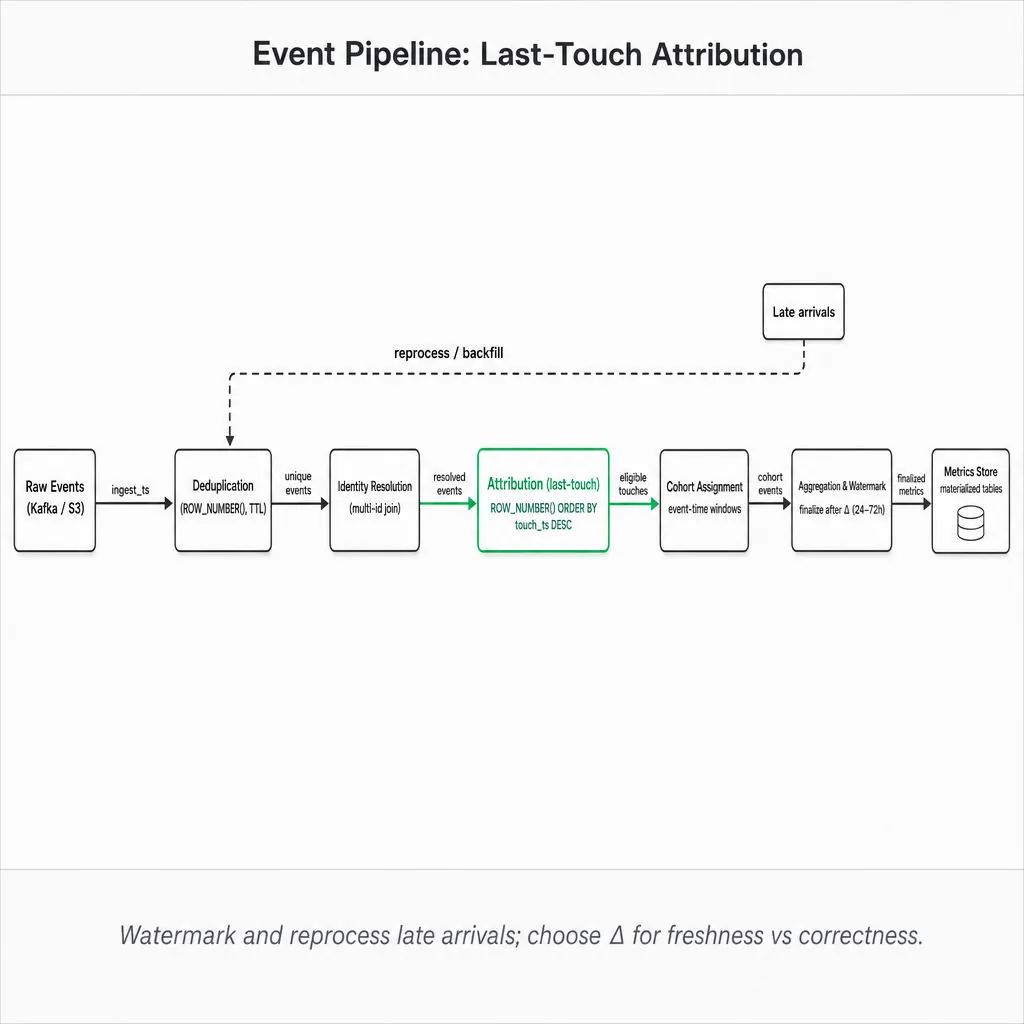 Horizontal pipeline: Raw Events → Deduplication → Identity Resolution → Attribution (last-touch) highlighted in green → Cohort Assignment → Aggregation & Watermark → Metrics Store; dashed arrow for late-arrival reprocessing.