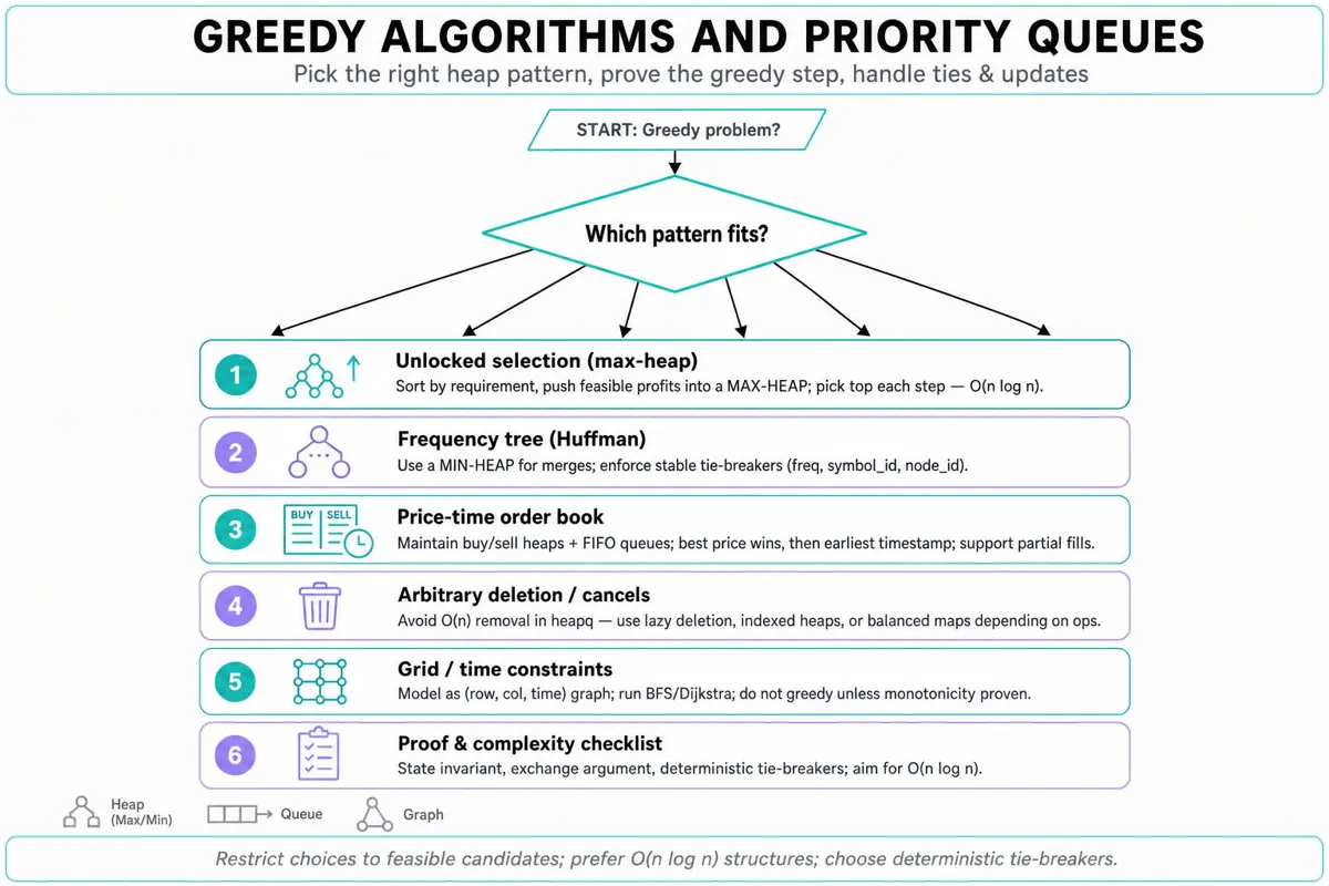 Top-to-bottom decision flowchart for greedy algorithm patterns and which priority-queue/data-structure strategy to use (max-heap, min-heap/Huffman, order-book heuristics, deletion workarounds, grid-time modeling, proof/perf checklist).