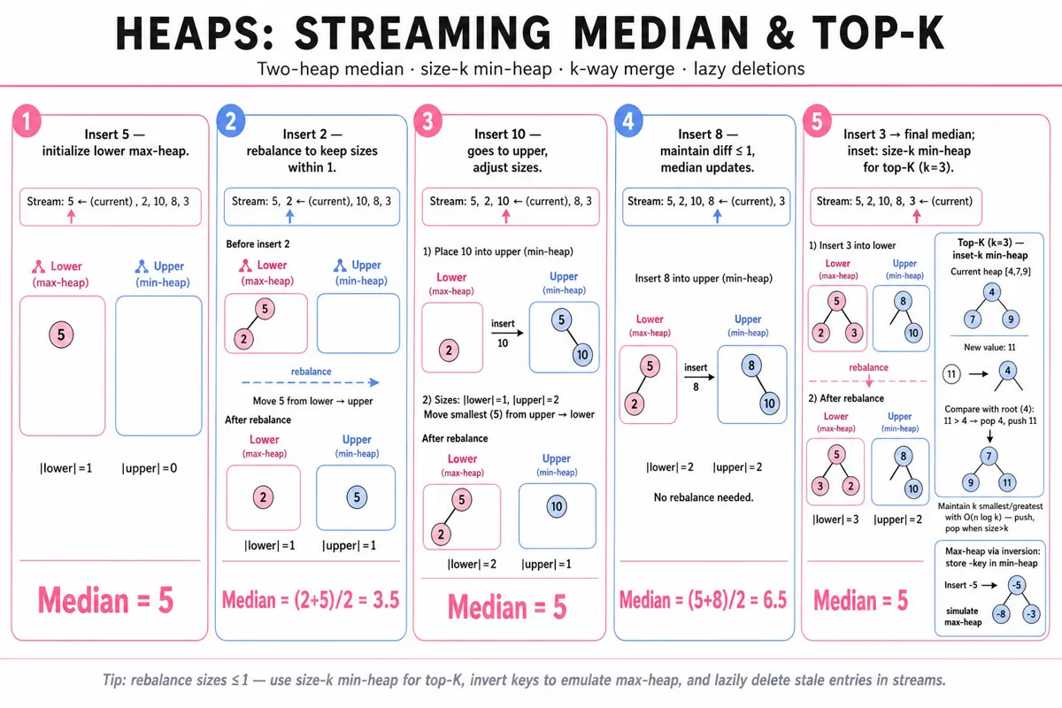 Horizontal 5-frame infographic trace showing streaming median with two heaps (max-heap lower, min-heap upper) across inserts, plus a final frame illustrating size-k min-heap top-K behavior and inversion trick.