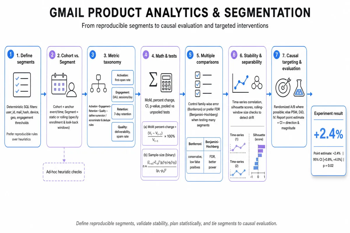 Landscape infographic: left-to-right pipeline for Gmail product analytics and segmentation showing stages from 'Define segments' to 'Experiment & evaluate', metric taxonomy, formulas, and statistical checks.