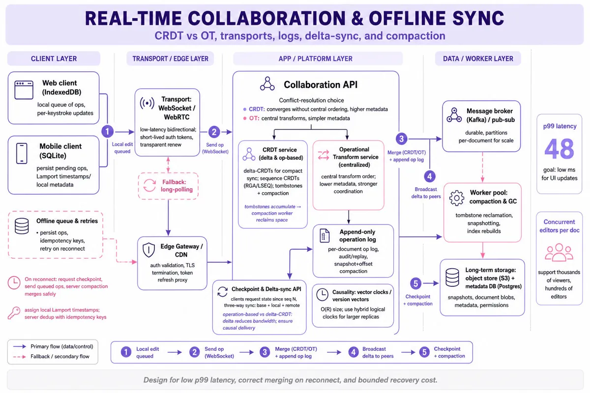 Left-to-right architecture infographic showing clients (Web/Mobile with IndexedDB/SQLite), transports (WebSocket/WebRTC, fallback long-polling), Edge gateway/auth, Collaboration service (CRDT/OT), append-only op log, checkpointing, Kafka/worker pool, storage (S3 + metadata DB), and GC/compaction flo