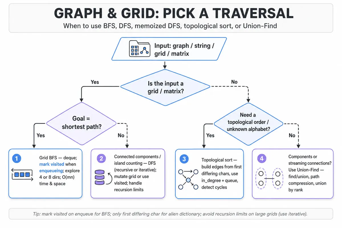 Top-to-bottom decision flowchart helping engineers choose BFS, DFS, memoized DFS, topological sort, or Union-Find for grids, strings, and graphs.