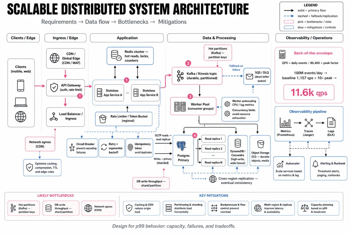 Editorial infographic of a scalable distributed architecture: clients → CDN → API gateway → load balancer → stateless app services with Redis cache, Kafka queue and worker pool, Postgres replicas, object storage, observability and cross-region replication, with arrows and callouts.