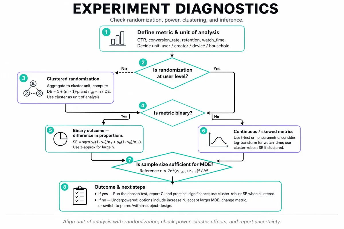 Top-to-bottom flowchart diagnosing experiment results: define metric, check randomization, handle clustering, choose test, check power, run test or remediate.