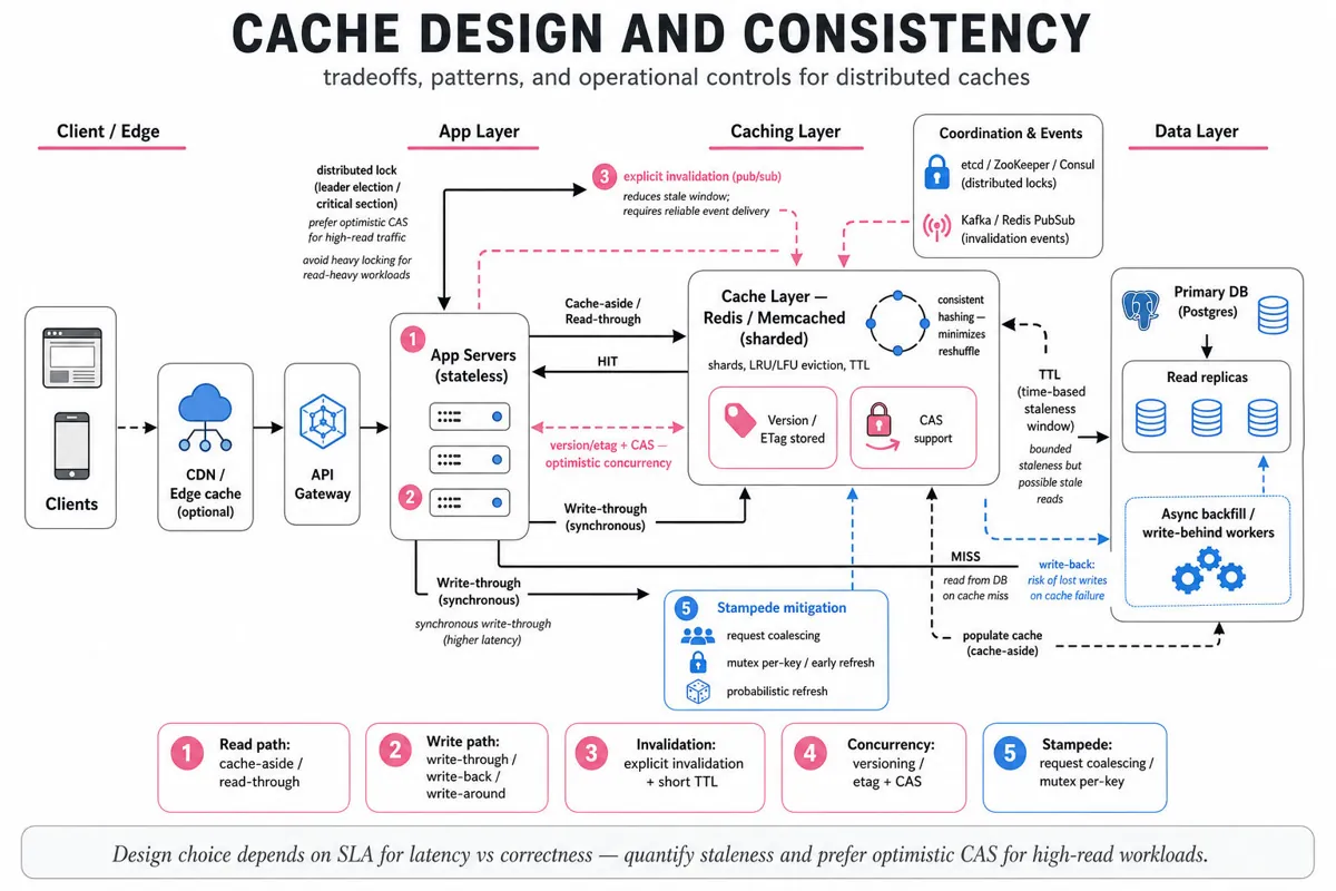 Landscape infographic showing a layered architecture: clients → API gateway → app servers → Redis cache cluster (sharded) → Postgres primary + replicas, with arrows for read/write paths, invalidation (pub/sub), CAS/versioning, distributed locks and stampede-mitigation notes.