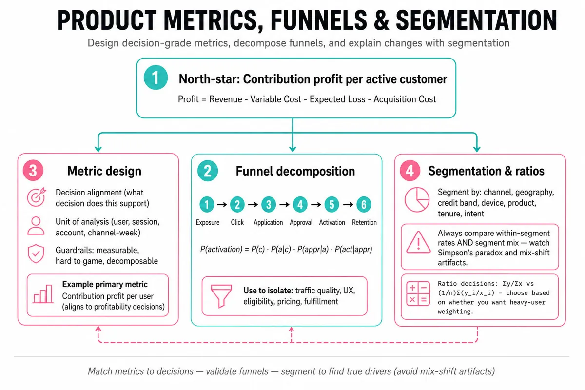 Editorial metric tree: top node 'Contribution profit per active customer' decomposed into Metric design, Funnel decomposition (exposure→click→application→approval→activation→retention), and Segmentation & Ratios with key notes and formulas.