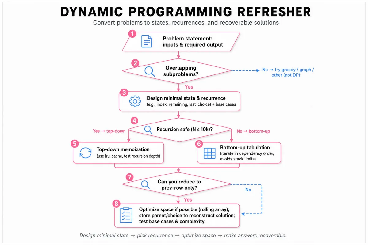 Top-to-bottom flowchart showing a DP decision process: start, overlapping subproblems check, design minimal state & recurrence, choose top-down vs bottom-up, space optimization, reconstruction and testing.