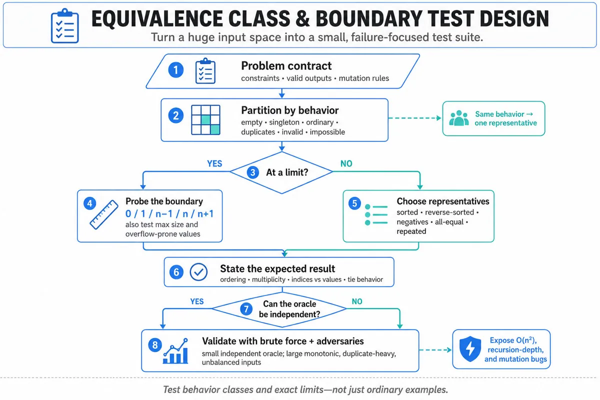 A clean flowchart for designing algorithm tests: define the contract, partition behavior classes, probe boundaries, specify outputs, and add adversarial cases.
