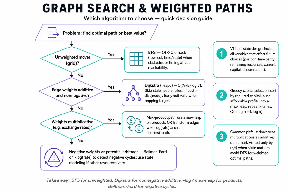 Top-to-bottom decision flowchart for choosing graph search: start → unweighted? → BFS; nonnegative additive? → Dijkstra; multiplicative? → -log transform / max-heap; else Bellman-Ford. Side callouts on visited state, greedy capital, pitfalls.