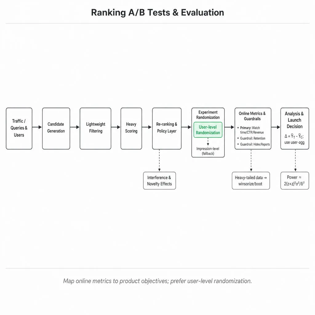 Horizontal pipeline diagram showing ranking test stages from candidate generation to launch decision, with user-level randomization highlighted in emerald and metrics/analysis boxes below.