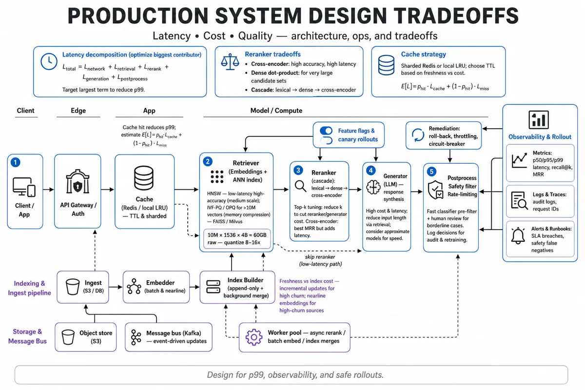 Left-to-right architecture infographic of a production RAG system showing client → API gateway → cache → retriever (vector index) → reranker → generator → postprocess & safety → response; side panels for indexing pipeline, observability, human review, and latency & capacity callouts.