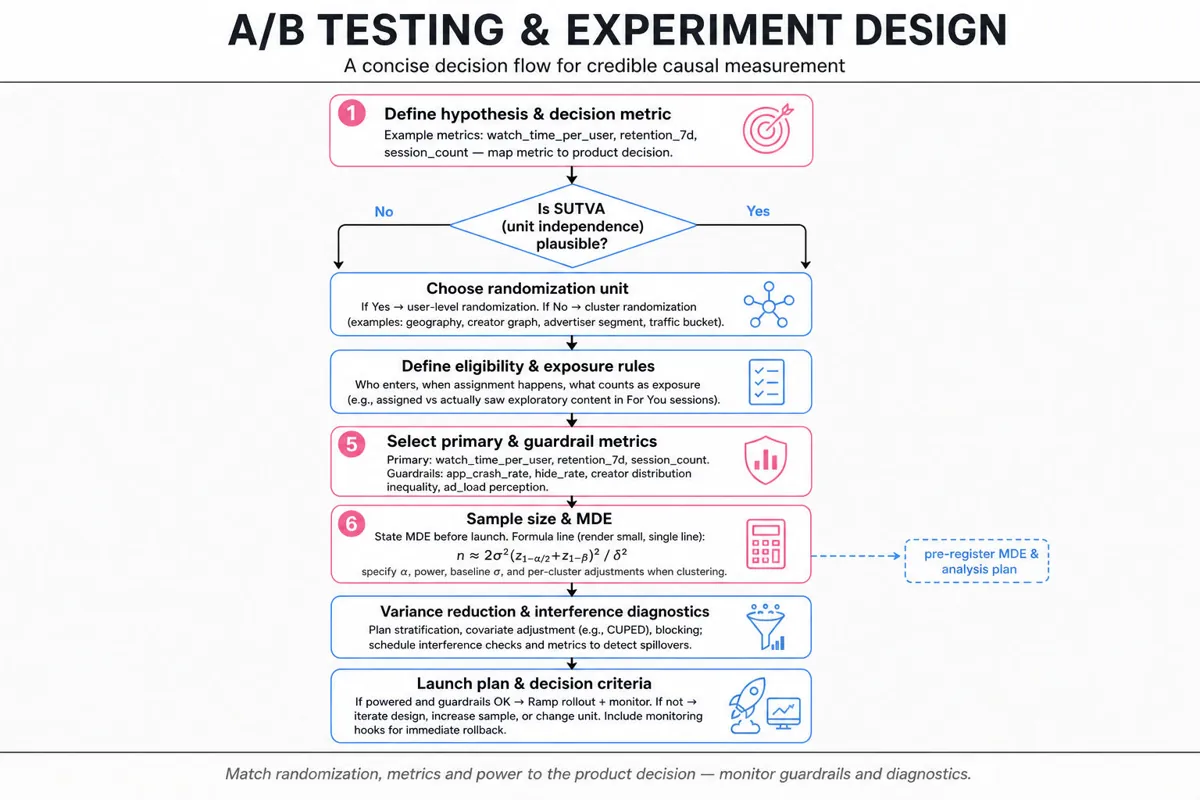 Top-to-bottom flowchart of A/B experiment design: hypothesis, SUTVA decision, randomization unit, eligibility & exposure, metrics, sample size/MDE, variance reduction & diagnostics, launch plan.