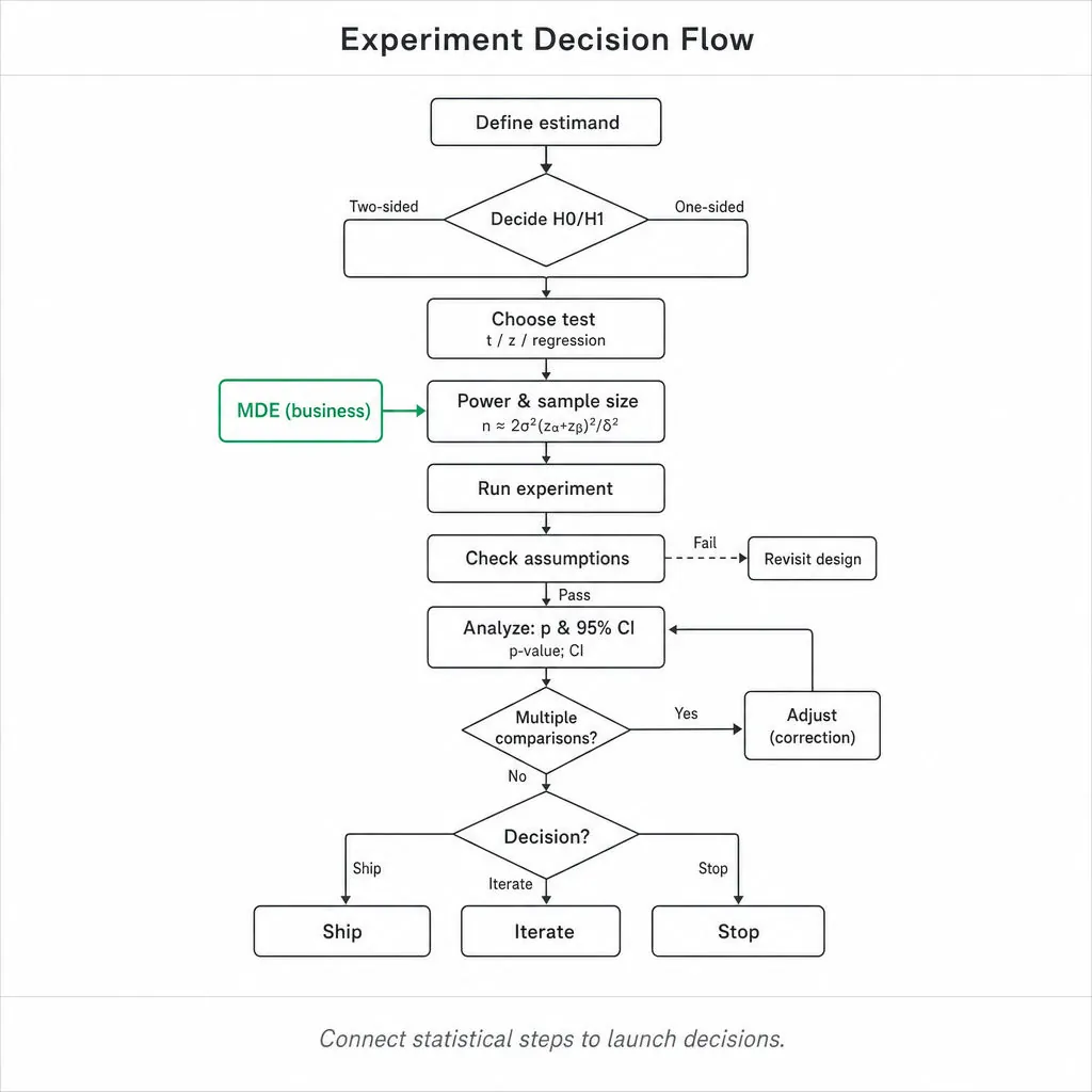 Top-to-bottom flowchart for experiment decision process: Define estimand → Decide hypotheses → Choose test → MDE (highlighted) → Power & sample size → Run experiment → Check assumptions → Analyze: p-value & 95% CI → Decision: Ship / Iterate / Stop.