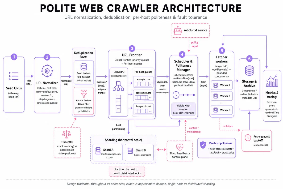 Landscape infographic diagram of a polite web crawler architecture: seed URLs → normalizer → deduper → URL frontier with per-host queues → scheduler enforcing nextFetchTime → async fetcher workers → storage + observability; host-based sharding and retry/backoff shown with dashed arrows.